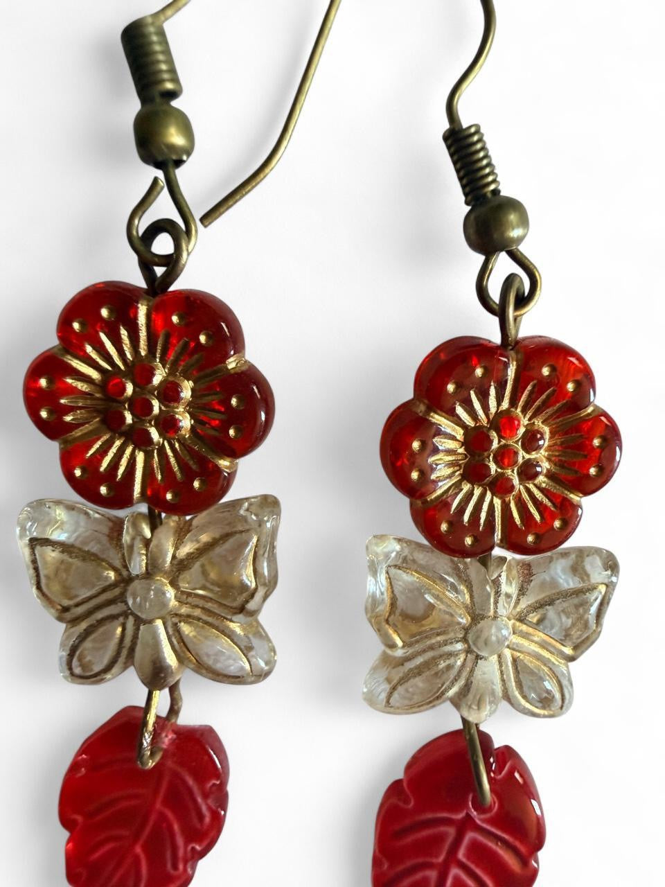 Handmade Red Flower Butterfly Leaf Dangle Earrings