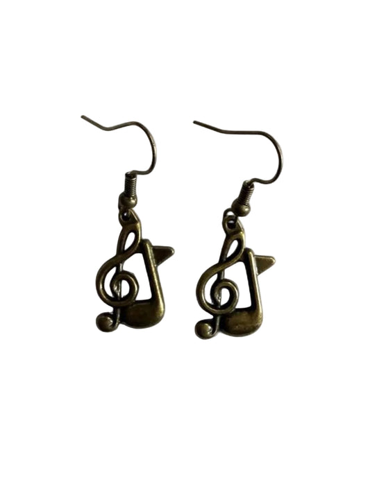 Handcrafted Antique Bronze Music Note Earrings | Treble Clef Dangle Earrings for Musicians