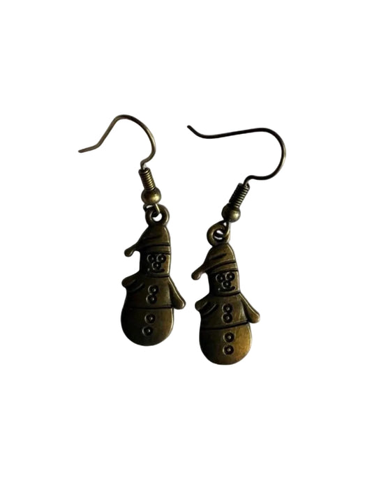 Handmade Antique Bronze Snowman Earrings | Winter Holiday Dangles