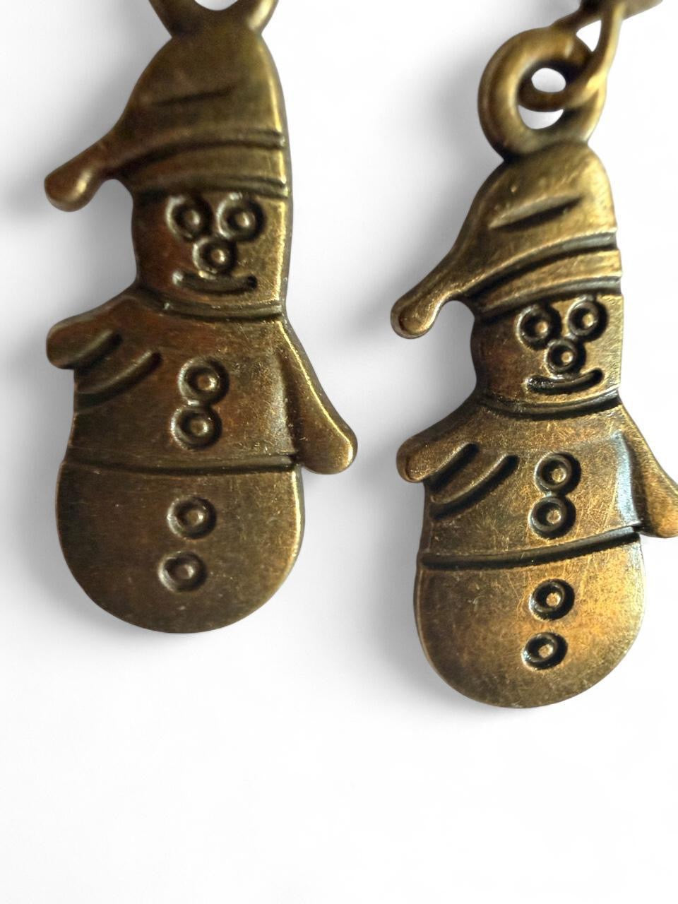 Handmade Antique Bronze Snowman Earrings | Winter Holiday Dangles