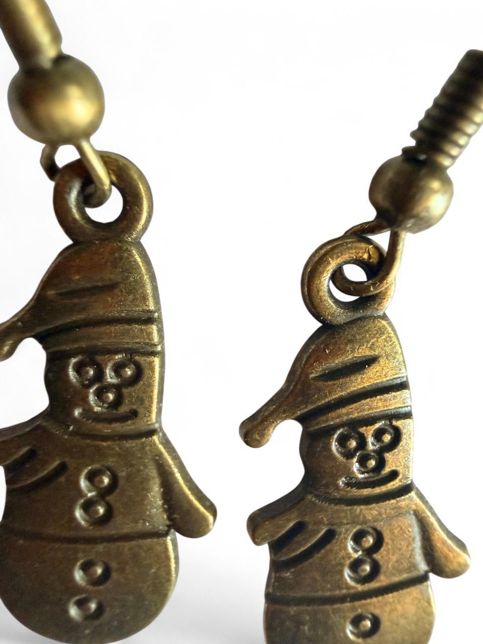 Handmade Antique Bronze Snowman Earrings | Winter Holiday Dangles