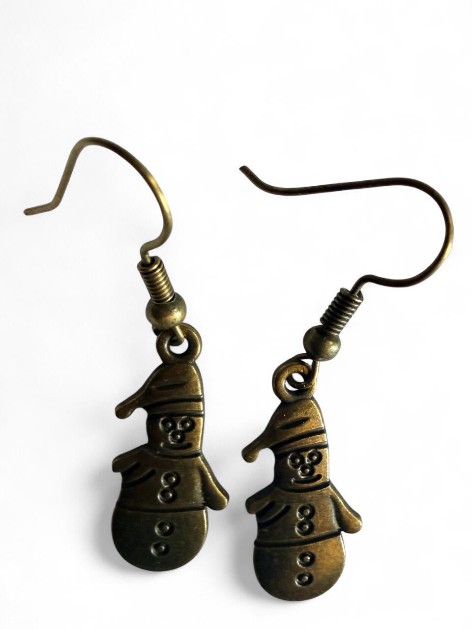 Handmade Antique Bronze Snowman Earrings | Winter Holiday Dangles