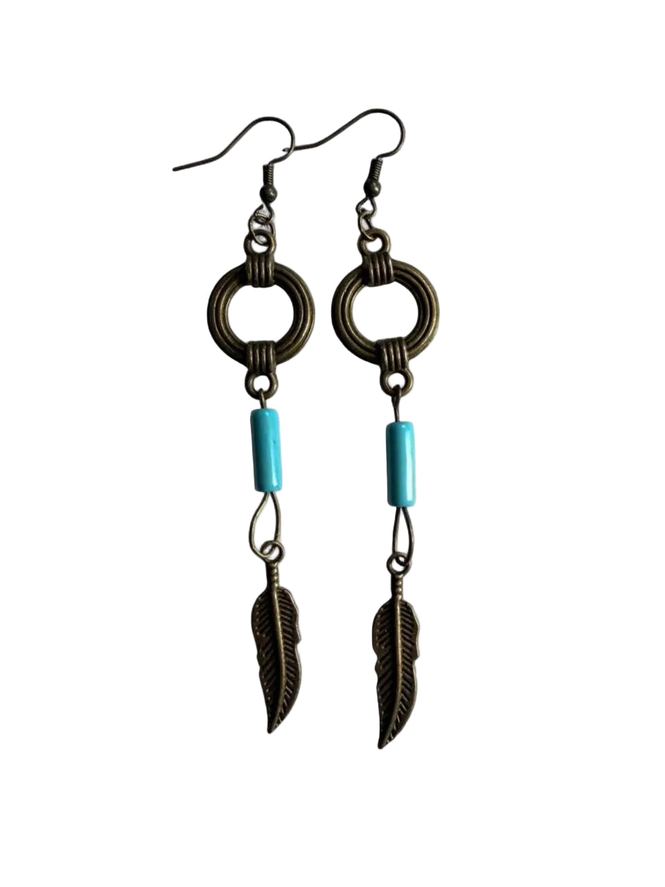 Boho Feather & Turquoise Bead Dangle Earrings | Handmade