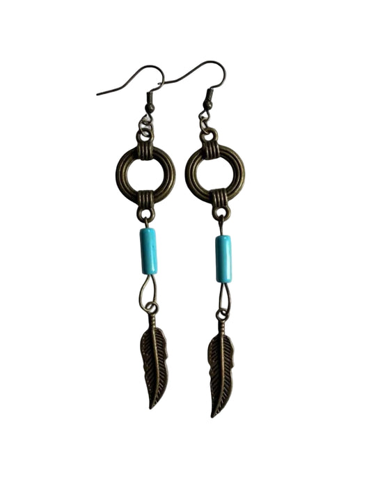 Boho Feather & Turquoise Bead Dangle Earrings | Handmade