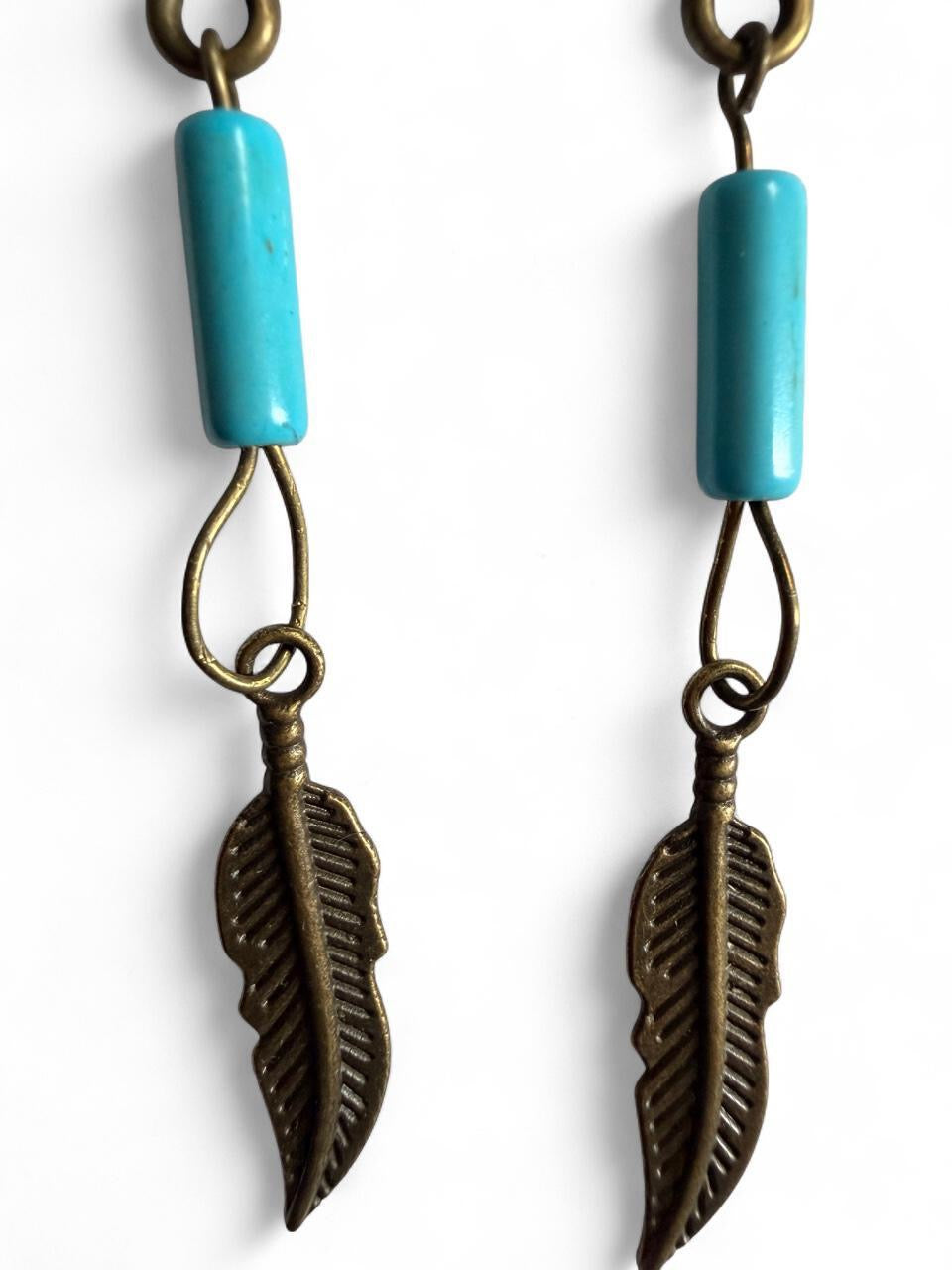 Boho Feather & Turquoise Bead Dangle Earrings | Handmade