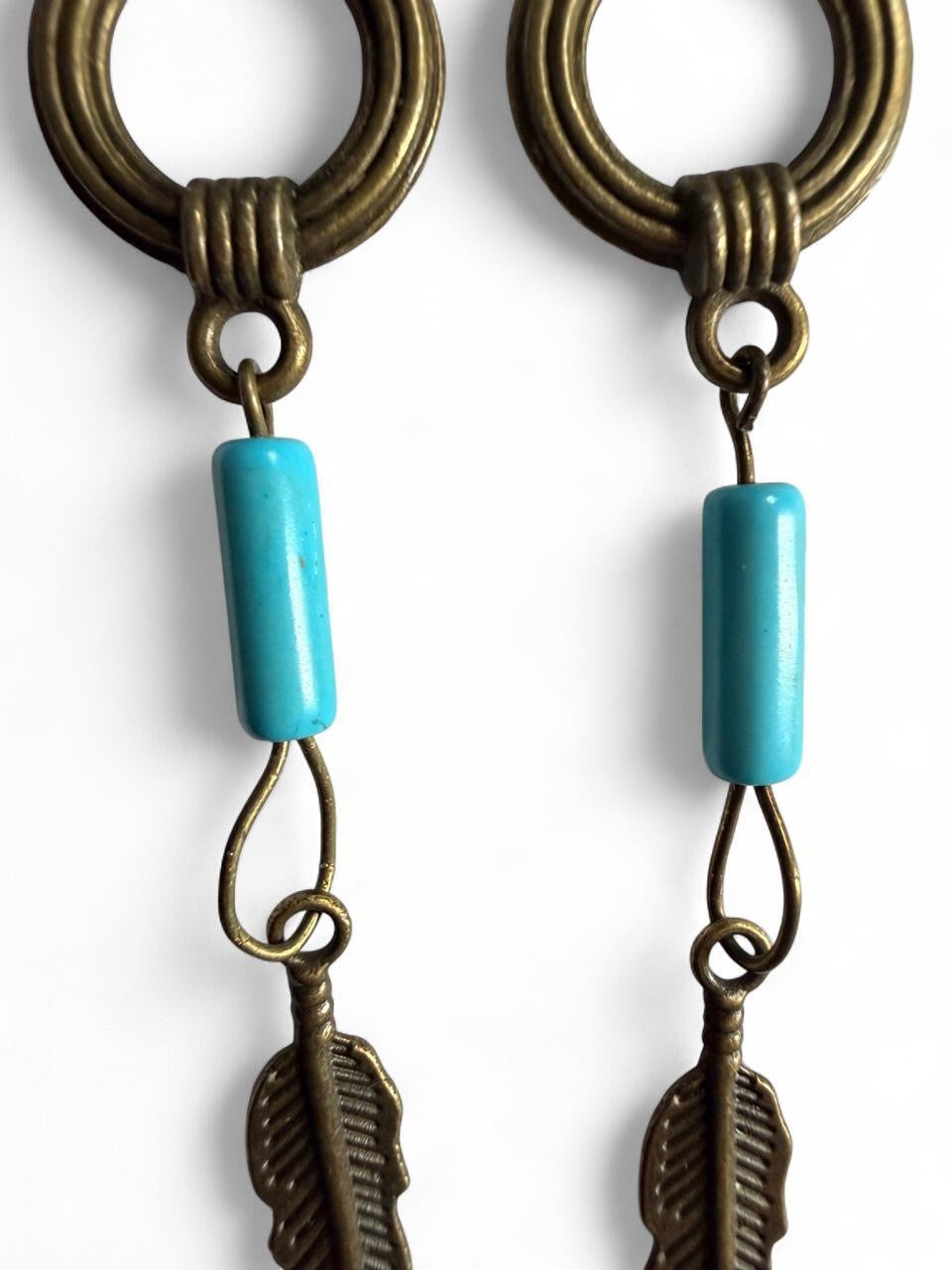 Boho Feather & Turquoise Bead Dangle Earrings | Handmade
