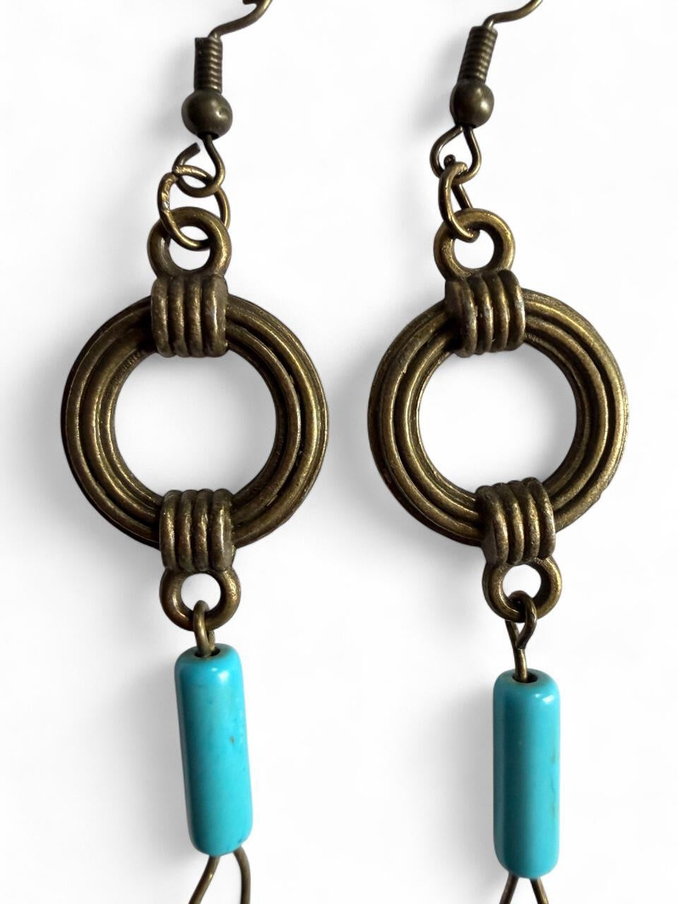 Boho Feather & Turquoise Bead Dangle Earrings | Handmade