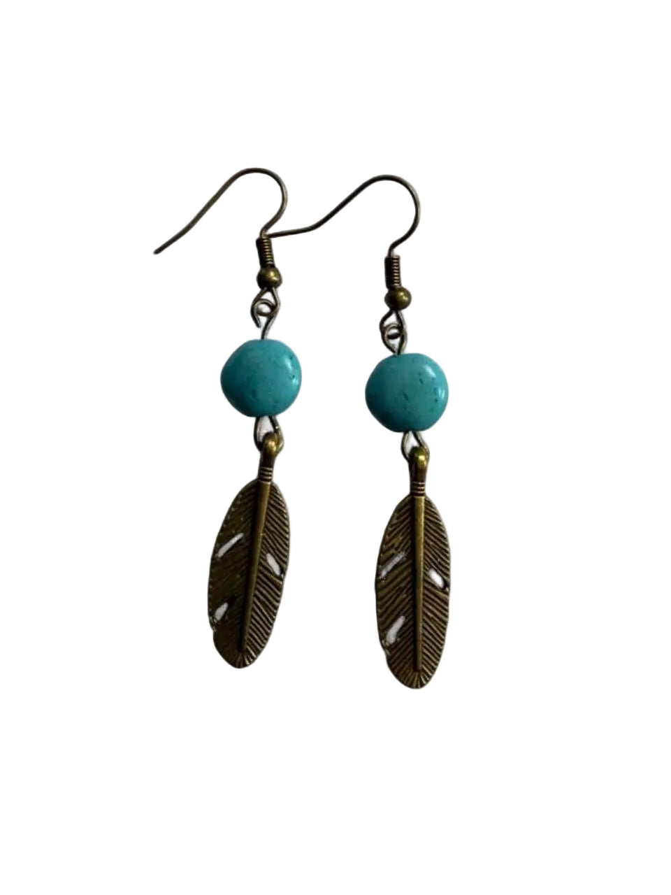 Boho Feather & Turquoise Bead Dangle Earrings | Handmade