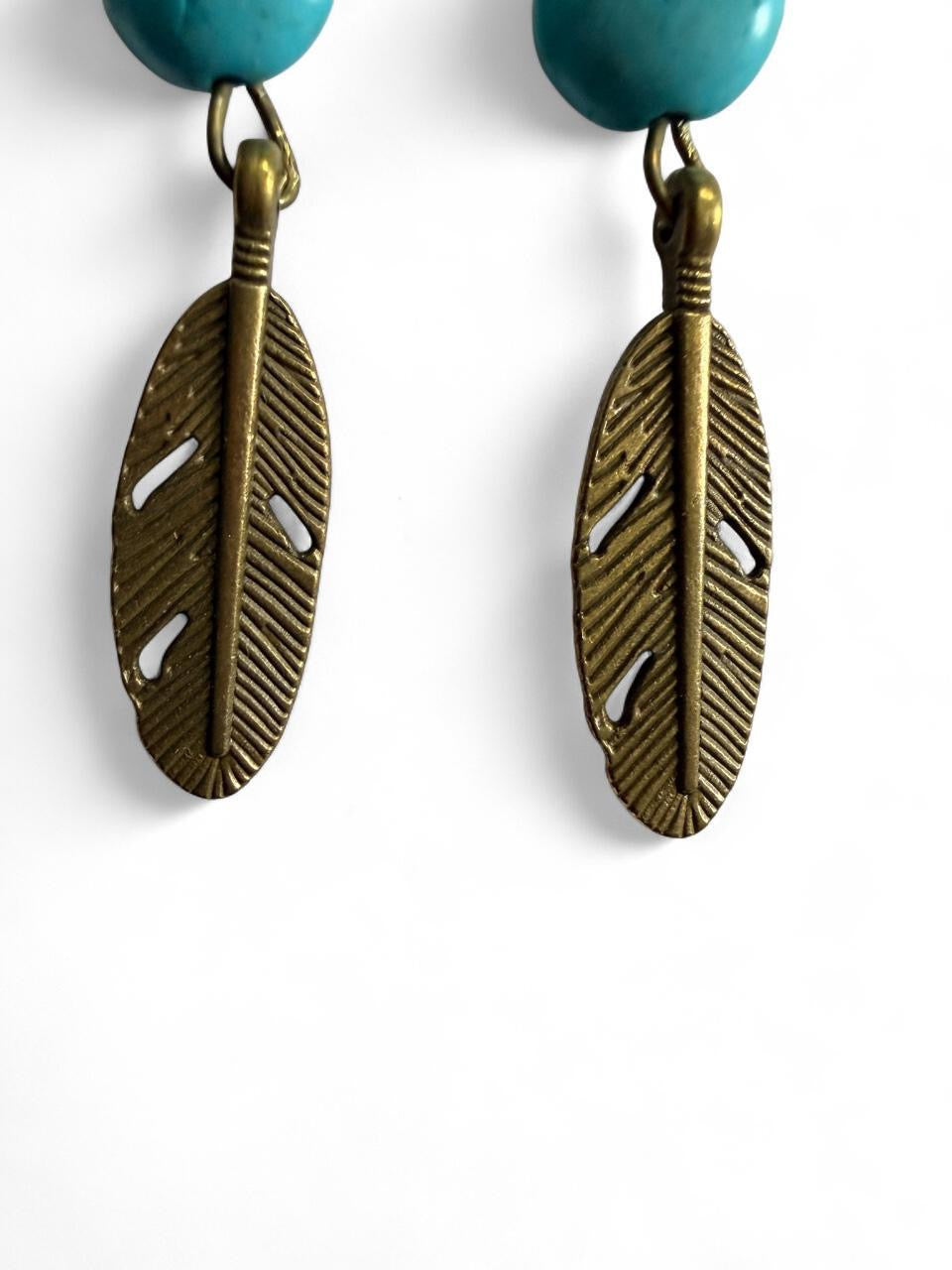 Boho Feather & Turquoise Bead Dangle Earrings | Handmade