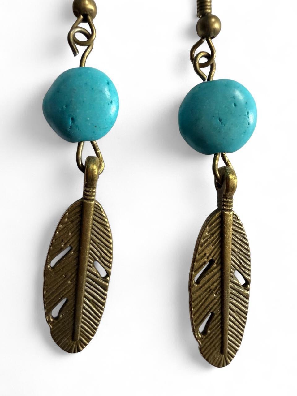 Boho Feather & Turquoise Bead Dangle Earrings | Handmade