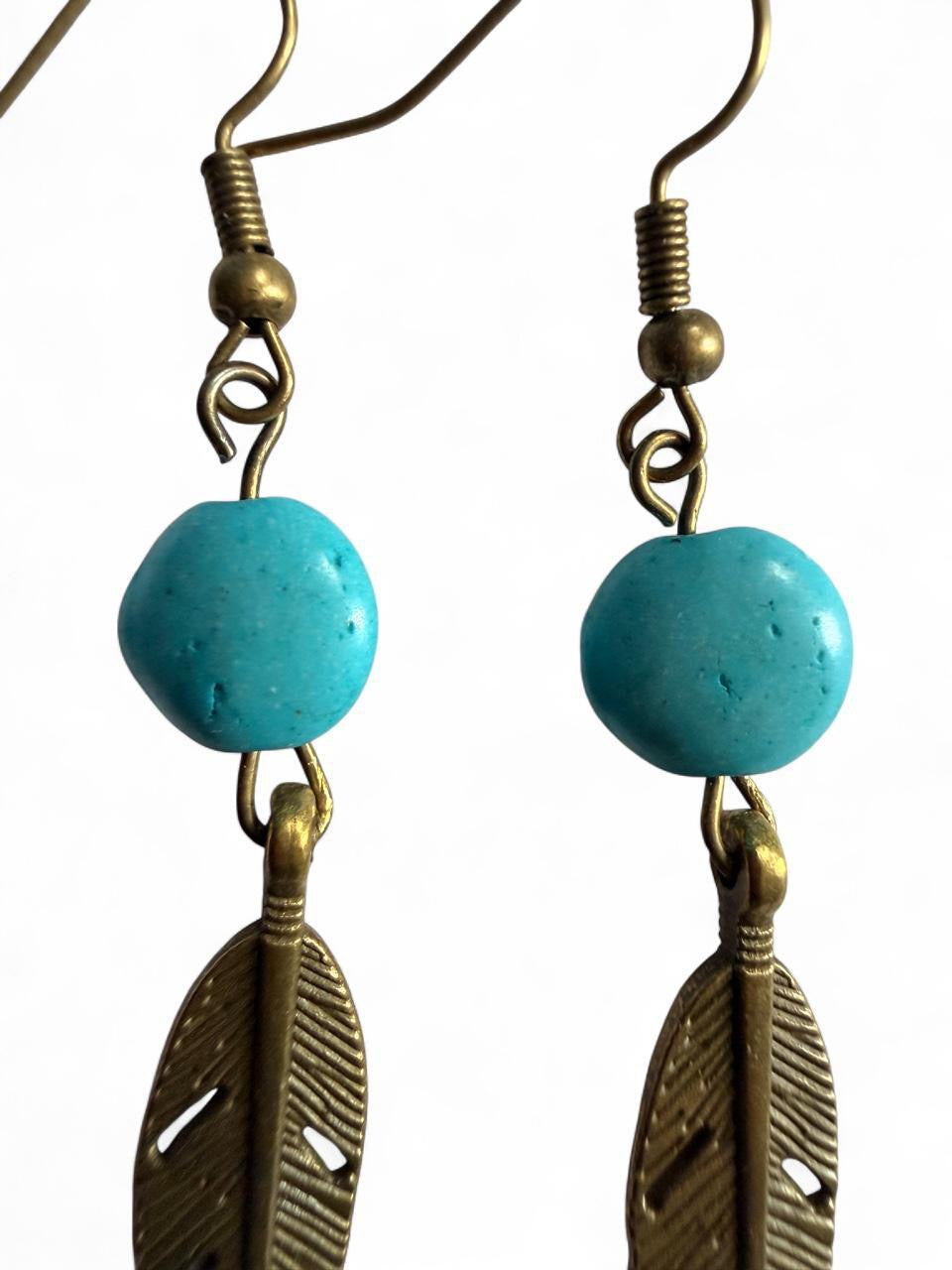 Boho Feather & Turquoise Bead Dangle Earrings | Handmade