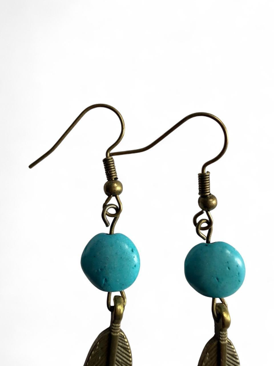 Boho Feather & Turquoise Bead Dangle Earrings | Handmade