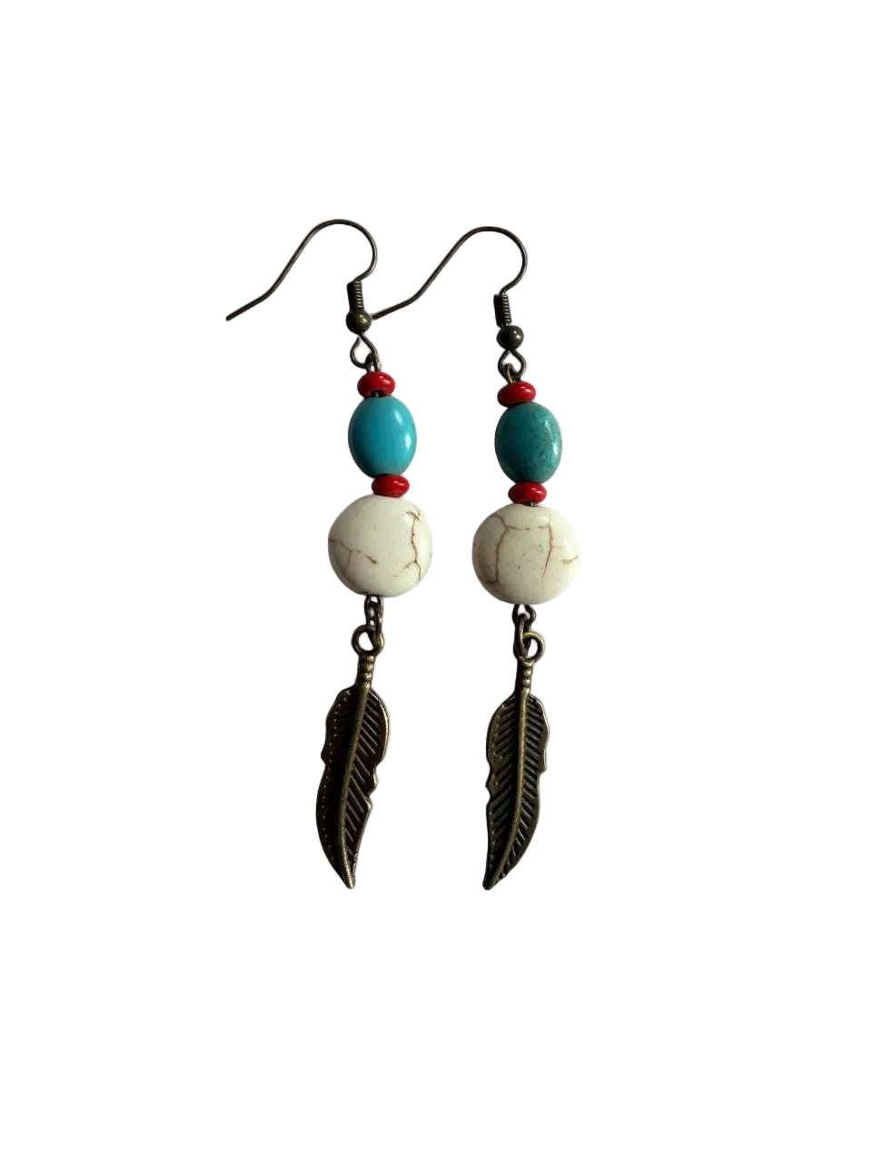 Handmade Southwest Boho Feather Earrings | Turquoise, Red & White Howlite