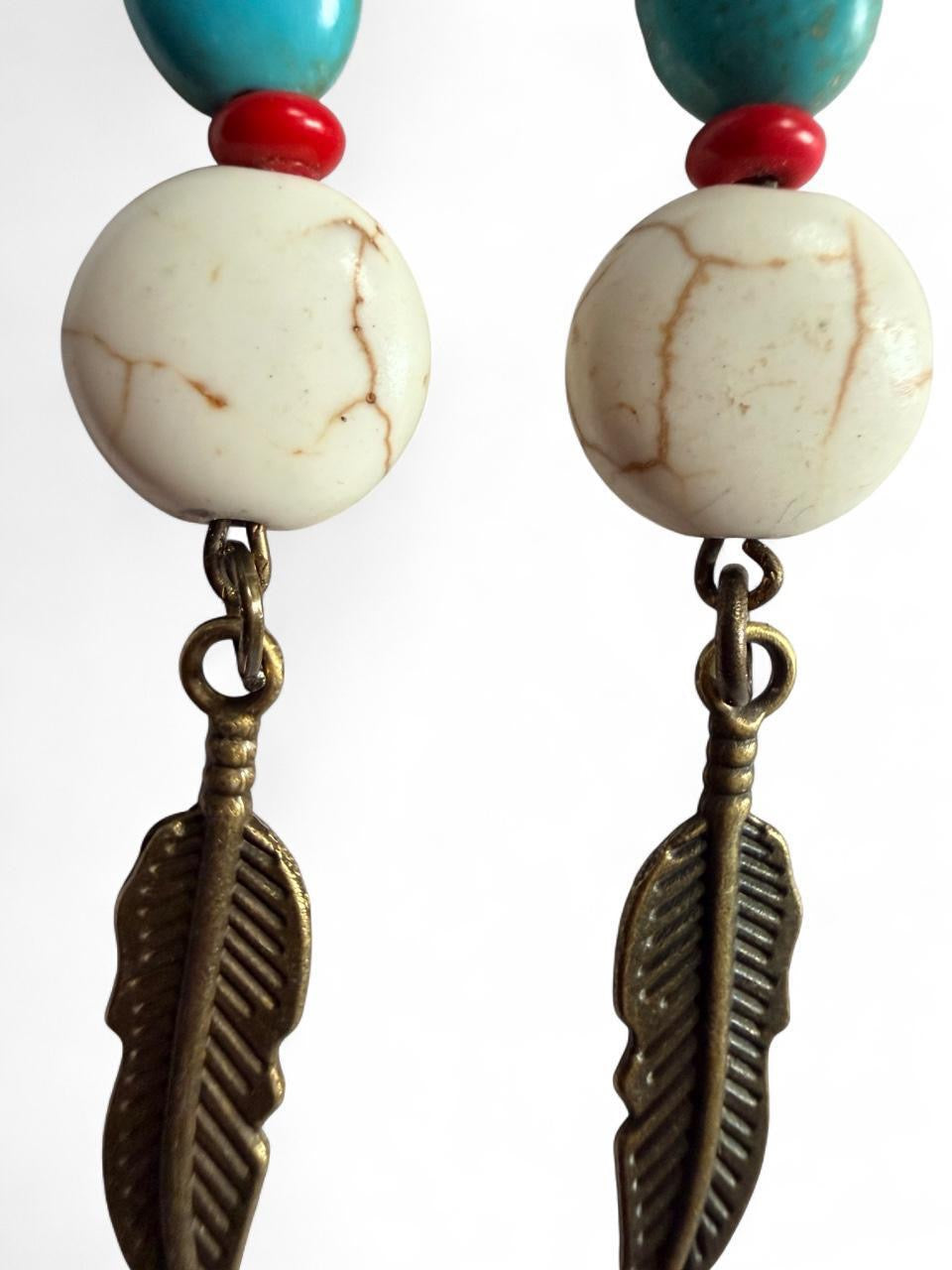Handmade Southwest Boho Feather Earrings | Turquoise, Red & White Howlite