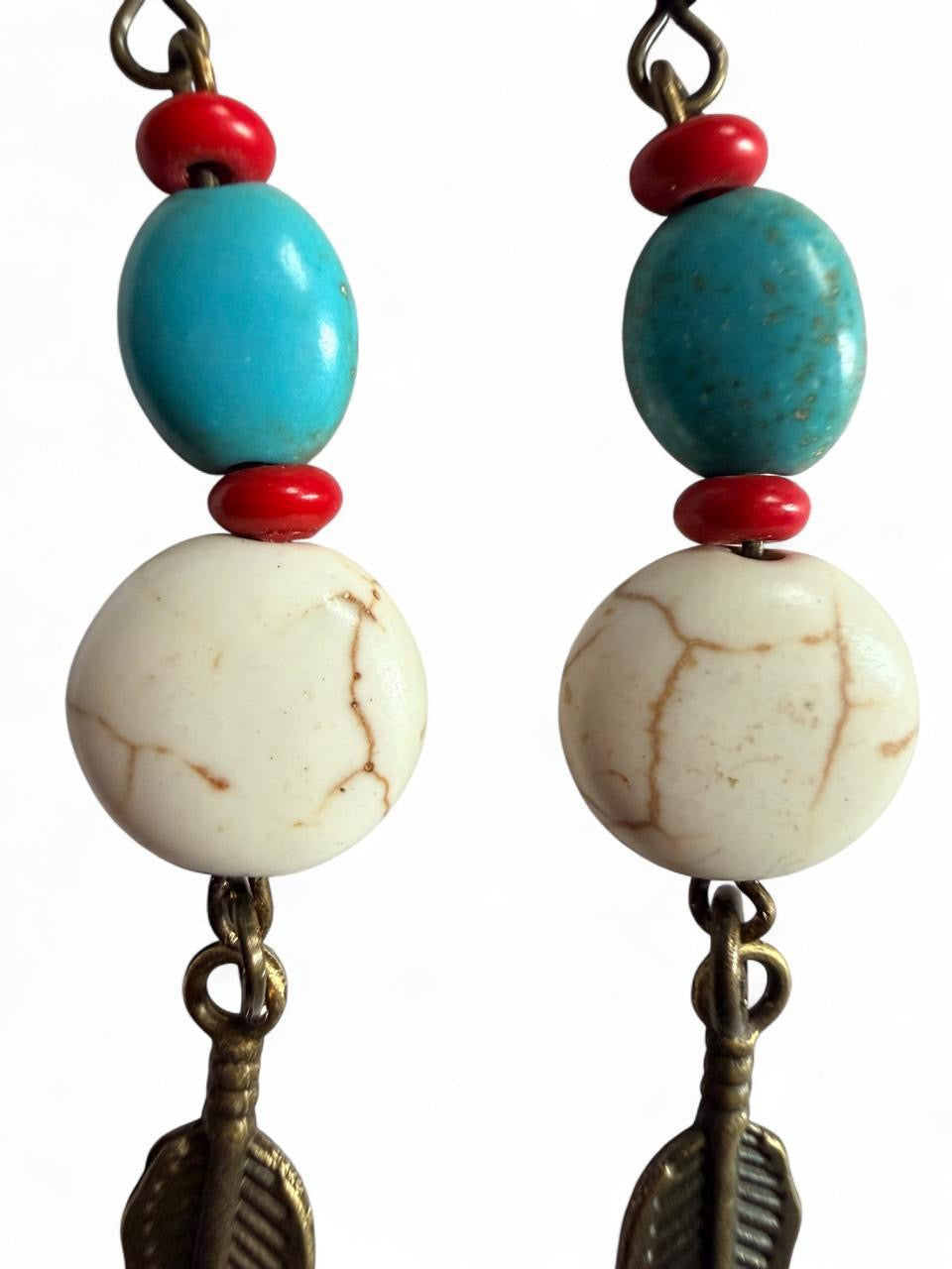 Handmade Southwest Boho Feather Earrings | Turquoise, Red & White Howlite