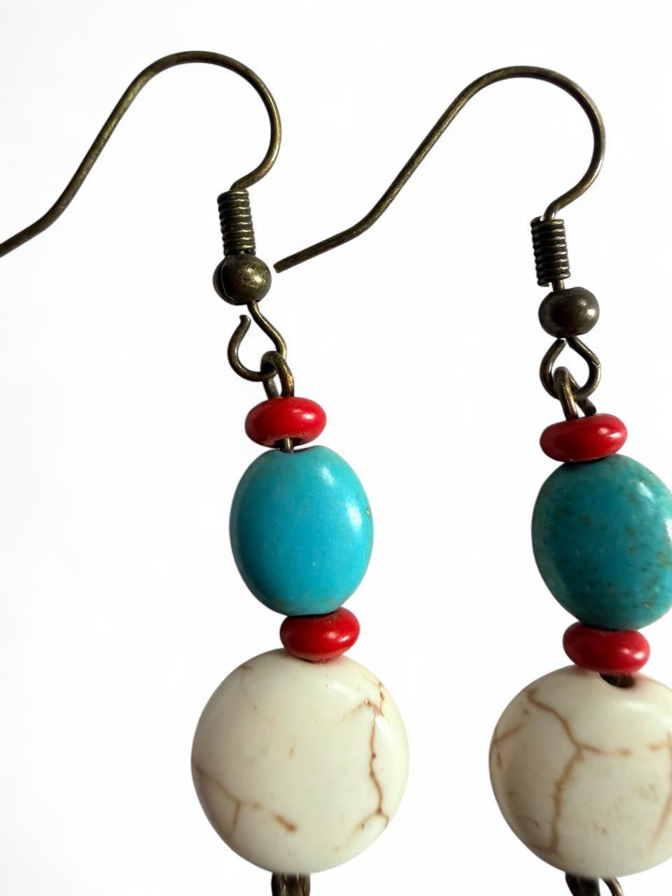 Handmade Southwest Boho Feather Earrings | Turquoise, Red & White Howlite
