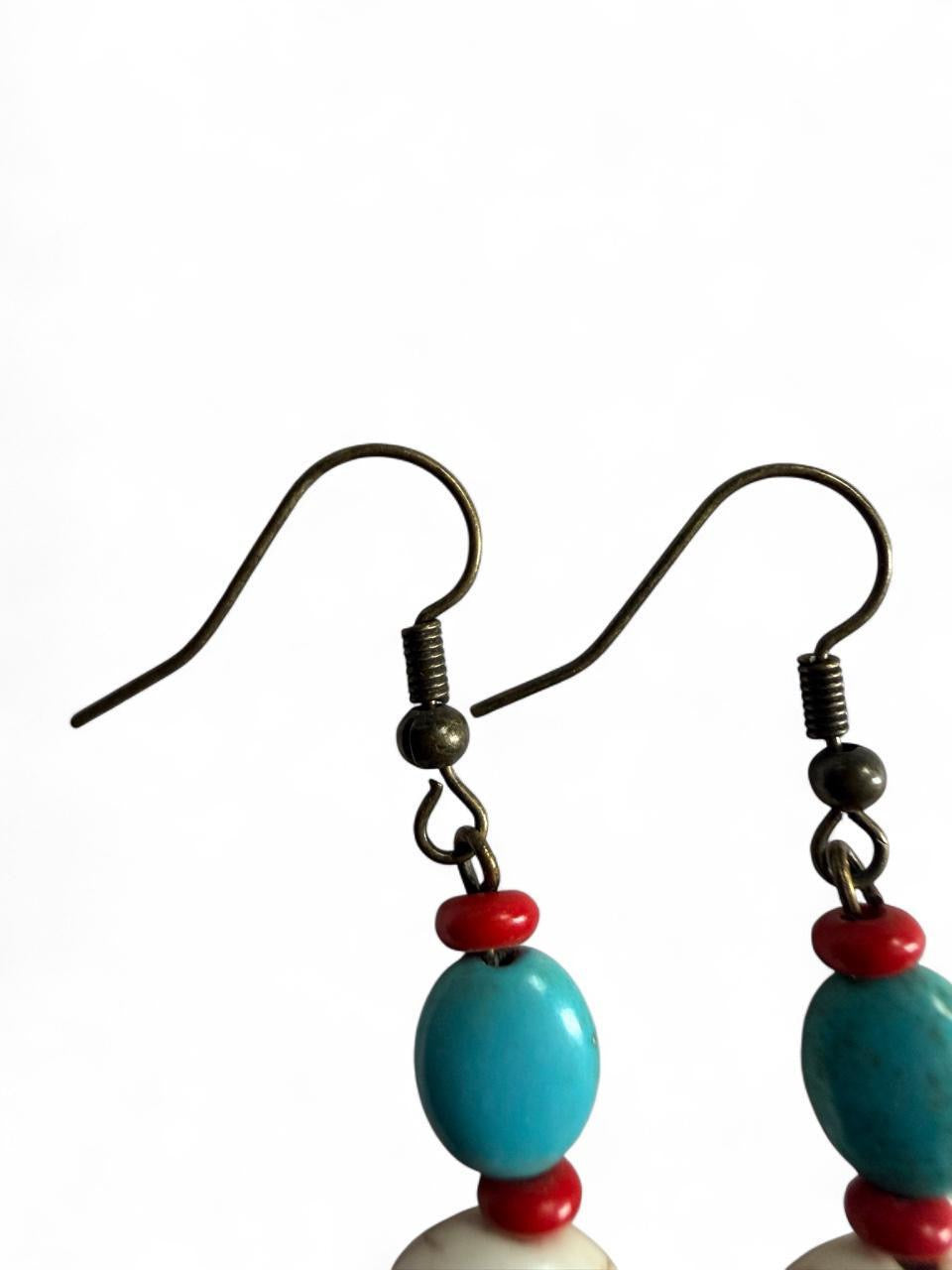 Handmade Southwest Boho Feather Earrings | Turquoise, Red & White Howlite