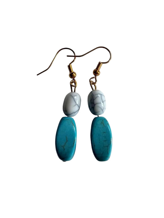 Handmade Turquoise & White Howlite Dangle Earrings | Gold Tone Southwest Minimalist