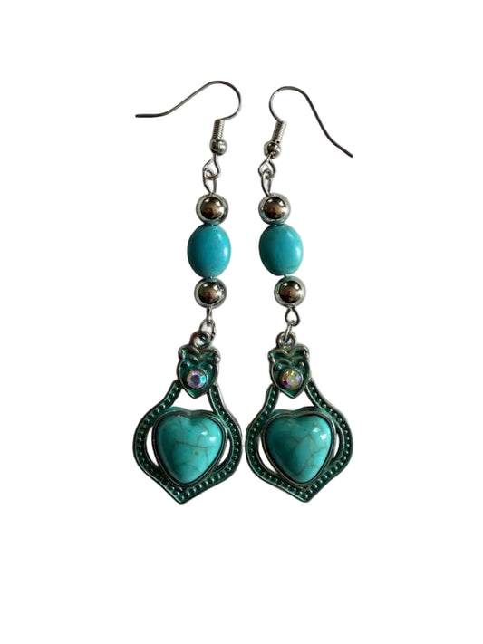 Turquoise Heart Dangle Earrings – Handmade Boho Western