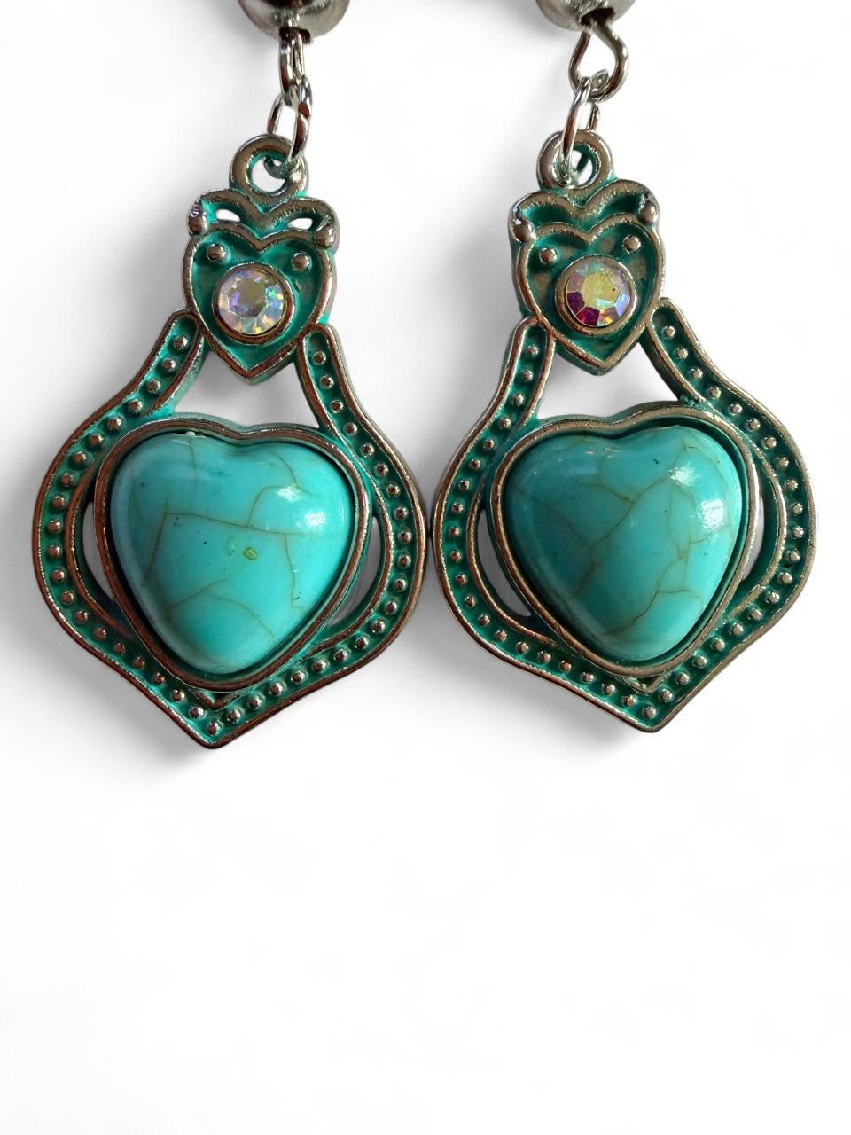Turquoise Heart Dangle Earrings – Handmade Boho Western
