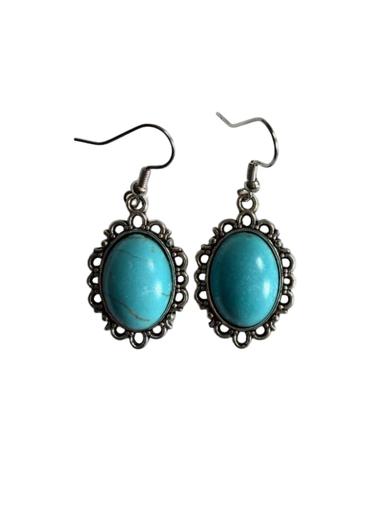 Vintage Turquoise Oval Earrings – Handmade Western Boho