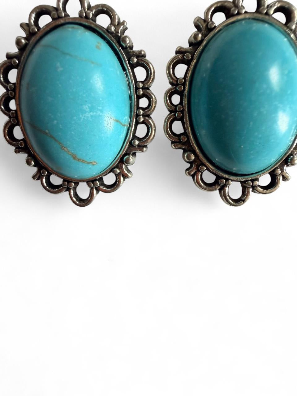 Vintage Turquoise Oval Earrings – Handmade Western Boho