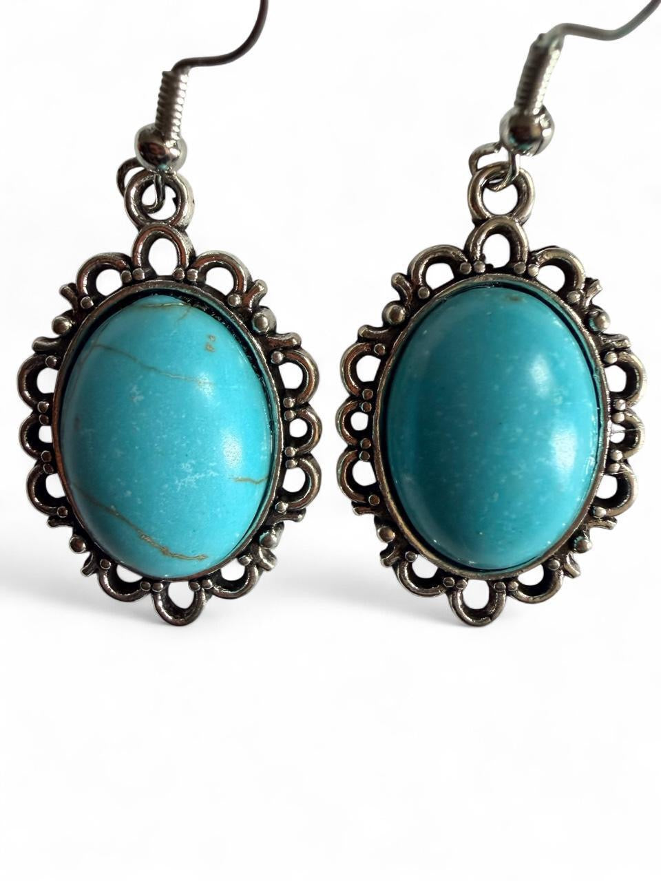 Vintage Turquoise Oval Earrings – Handmade Western Boho
