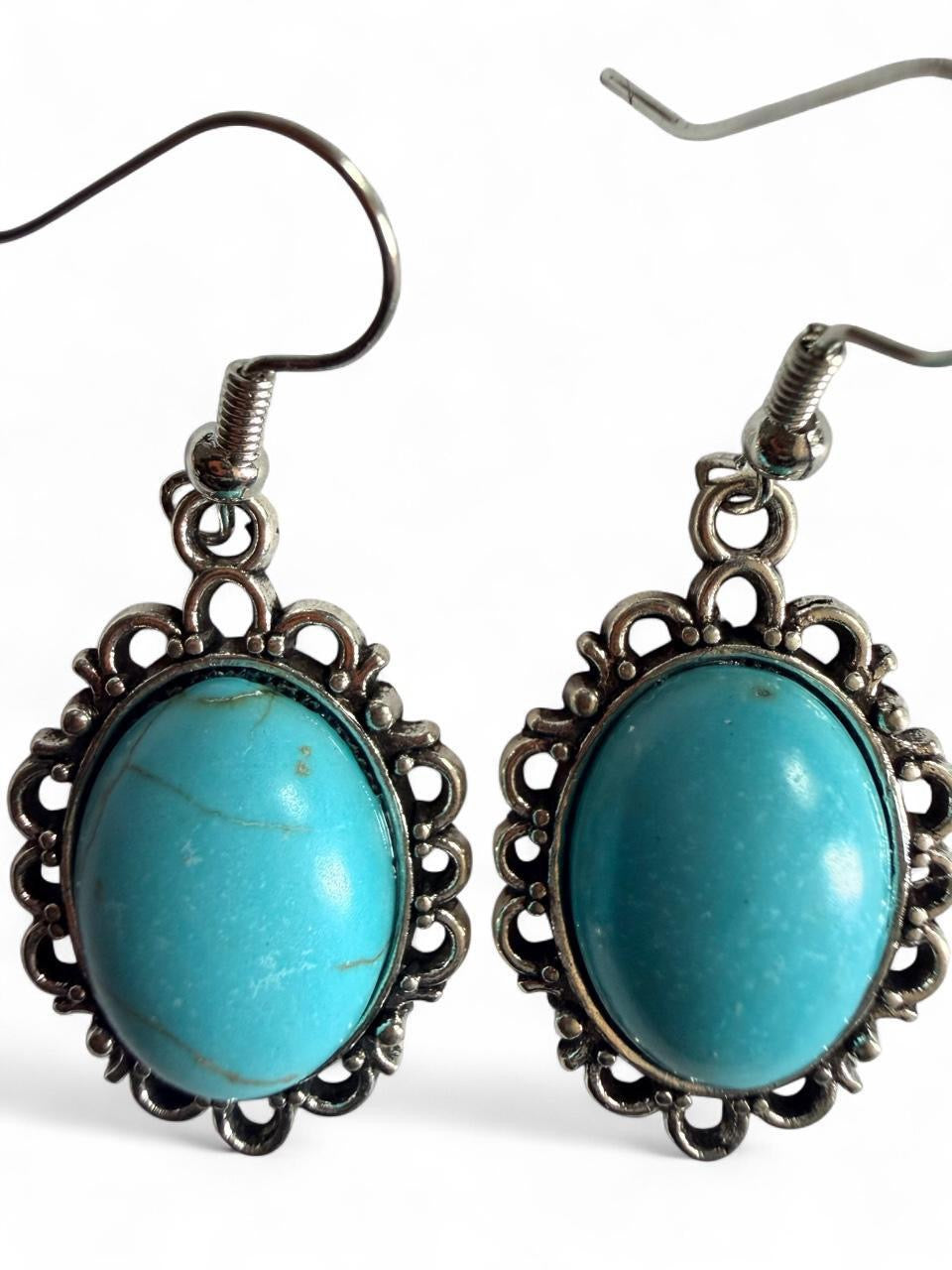 Vintage Turquoise Oval Earrings – Handmade Western Boho