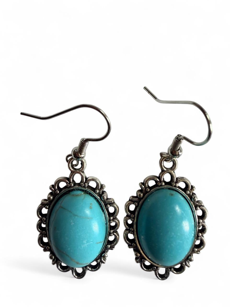 Vintage Turquoise Oval Earrings – Handmade Western Boho