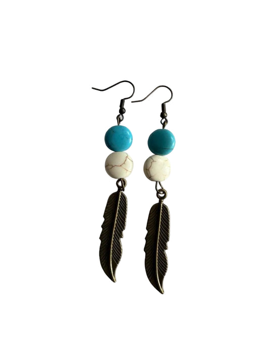 Turquoise & White Howlite Bronze Feather Dangle Earrings – Handmade Boho Western