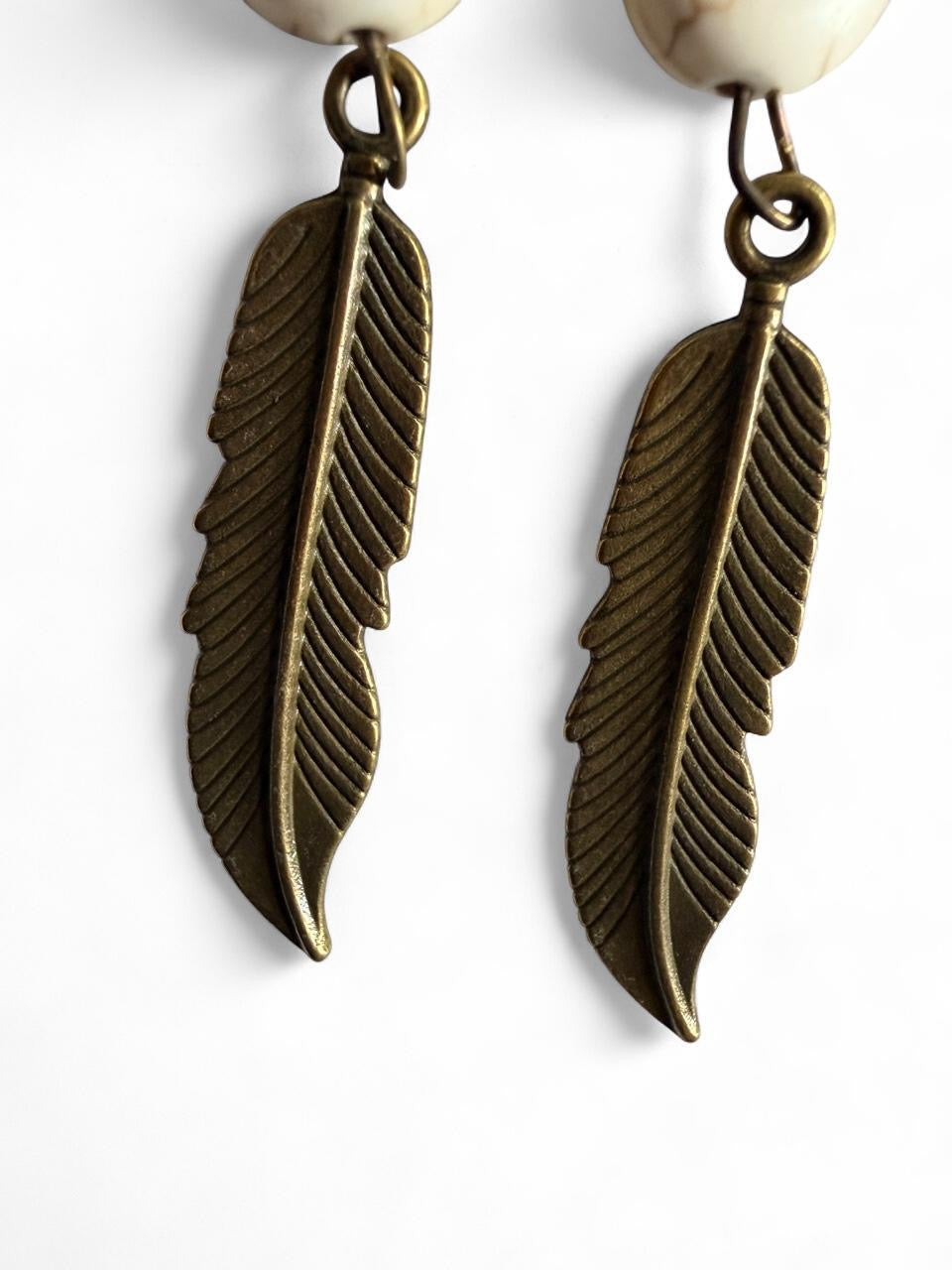 Turquoise & White Howlite Bronze Feather Dangle Earrings – Handmade Boho Western