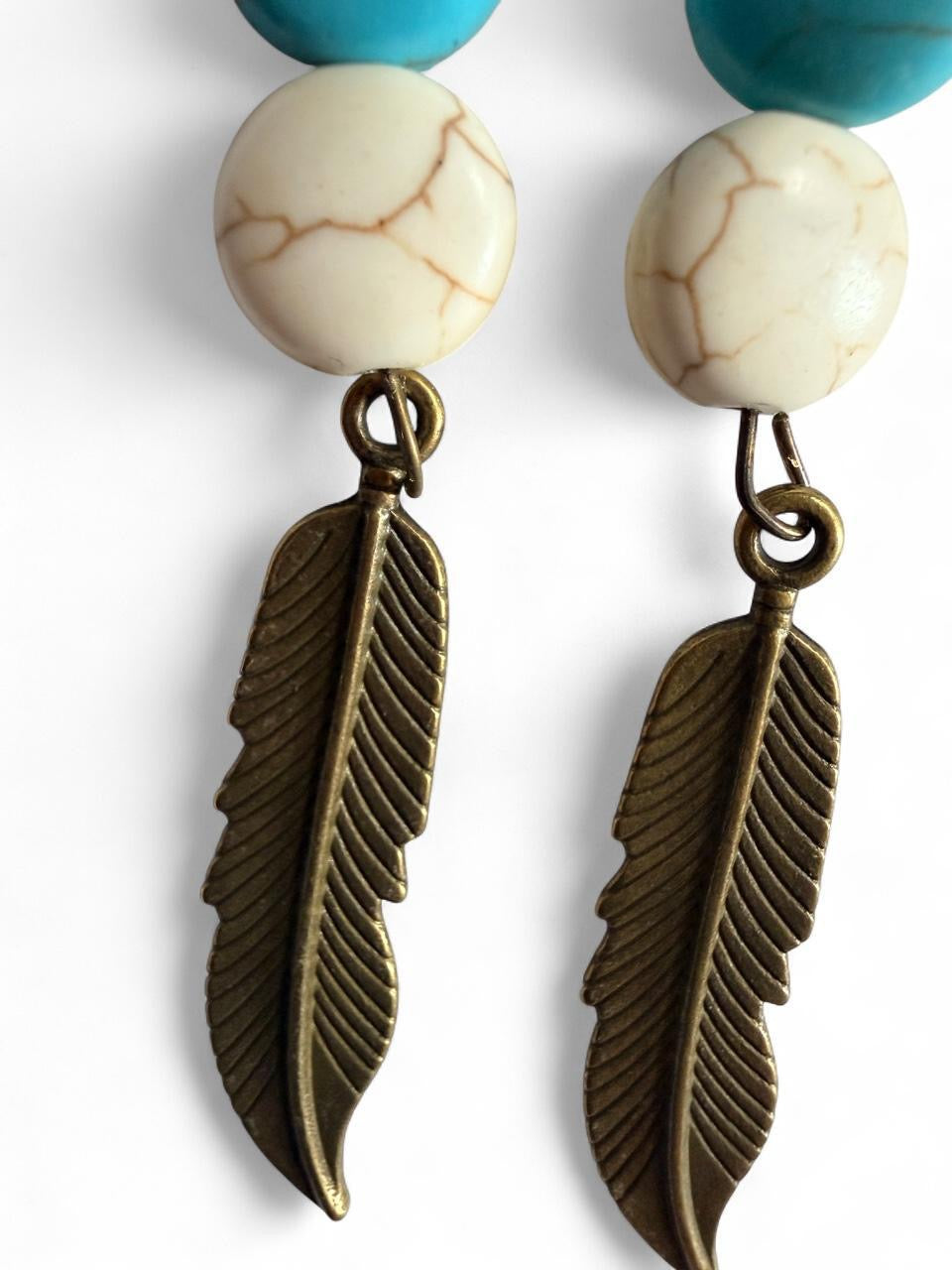 Turquoise & White Howlite Bronze Feather Dangle Earrings – Handmade Boho Western