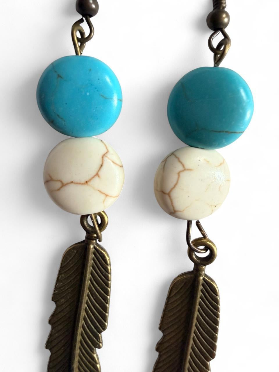 Turquoise & White Howlite Bronze Feather Dangle Earrings – Handmade Boho Western