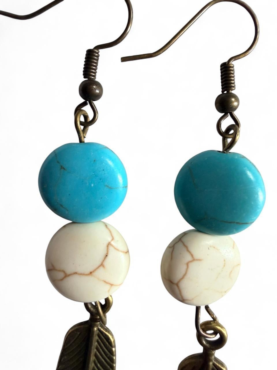 Turquoise & White Howlite Bronze Feather Dangle Earrings – Handmade Boho Western