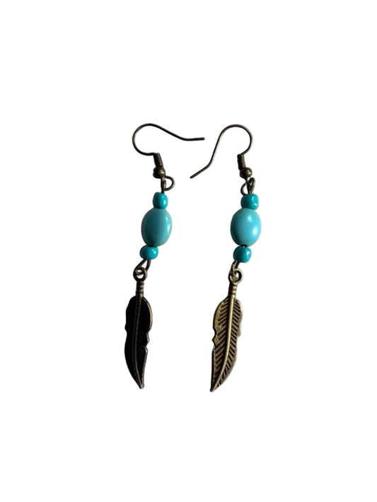 Turquoise Beaded Bronze Feather Earrings – Handmade Boho Western Dangles