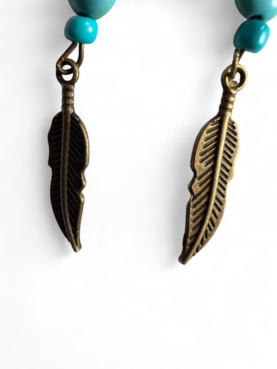 Turquoise Beaded Bronze Feather Earrings – Handmade Boho Western Dangles