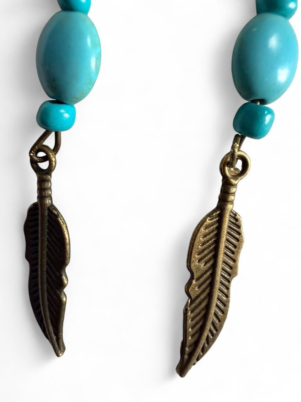 Turquoise Beaded Bronze Feather Earrings – Handmade Boho Western Dangles