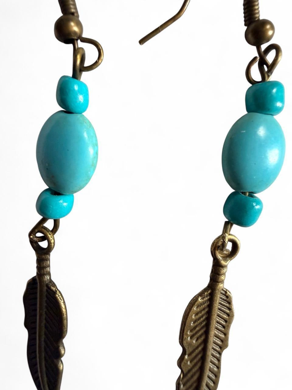 Turquoise Beaded Bronze Feather Earrings – Handmade Boho Western Dangles
