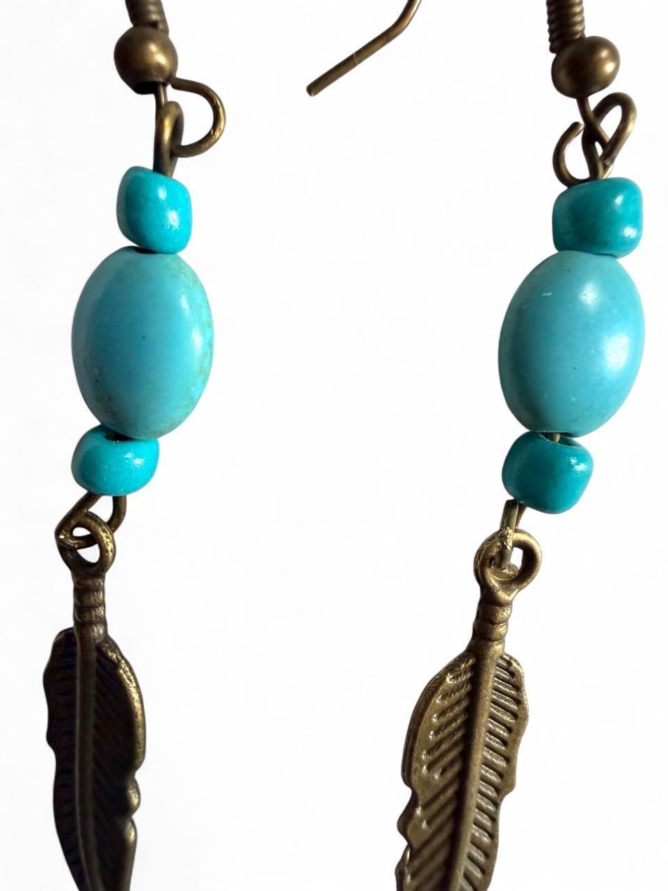Turquoise Beaded Bronze Feather Earrings – Handmade Boho Western Dangles