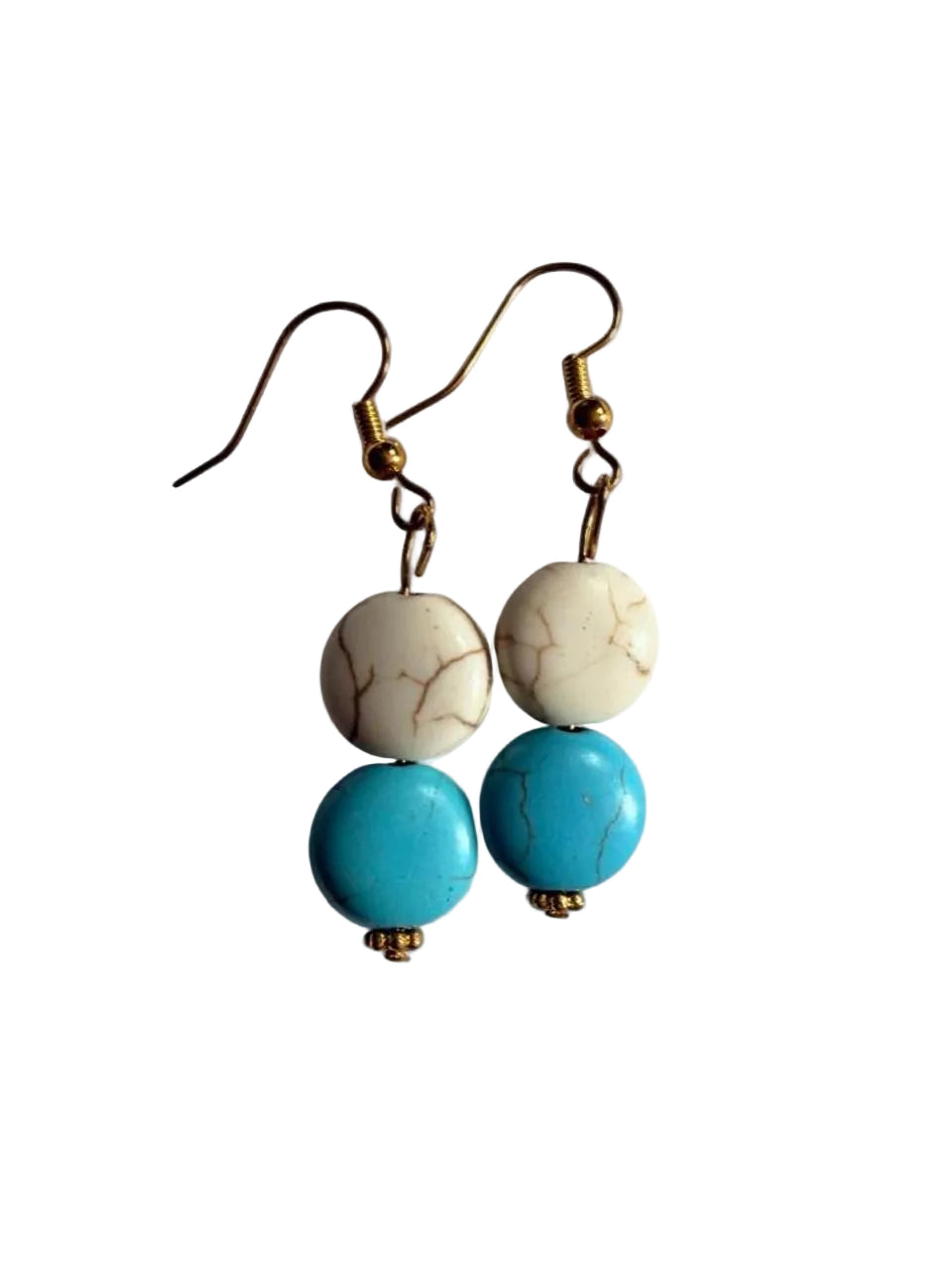 Turquoise & White Double Bead Earrings – Handmade Boho Gold Dangles