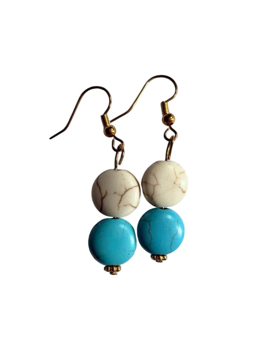 Turquoise & White Double Bead Earrings – Handmade Boho Gold Dangles
