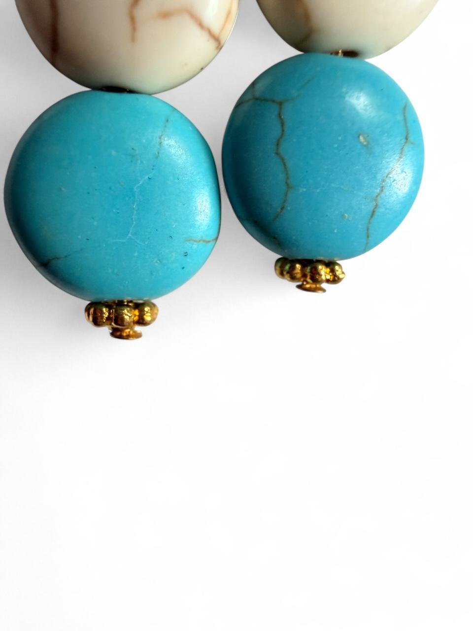 Turquoise & White Double Bead Earrings – Handmade Boho Gold Dangles