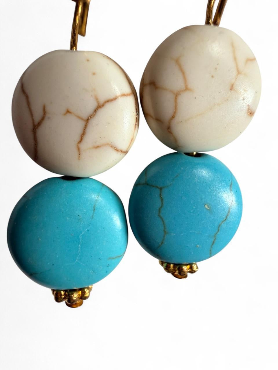 Turquoise & White Double Bead Earrings – Handmade Boho Gold Dangles