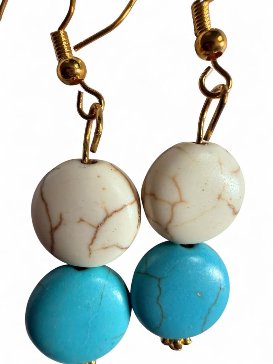 Turquoise & White Double Bead Earrings – Handmade Boho Gold Dangles
