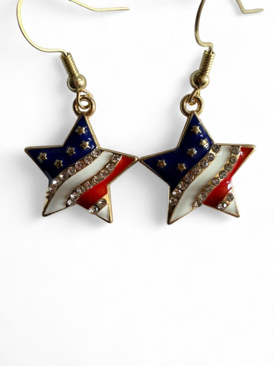 Handmade Patriotic Rhinestone Flag Star Dangle Earrings | Dainty Americana Jewelry