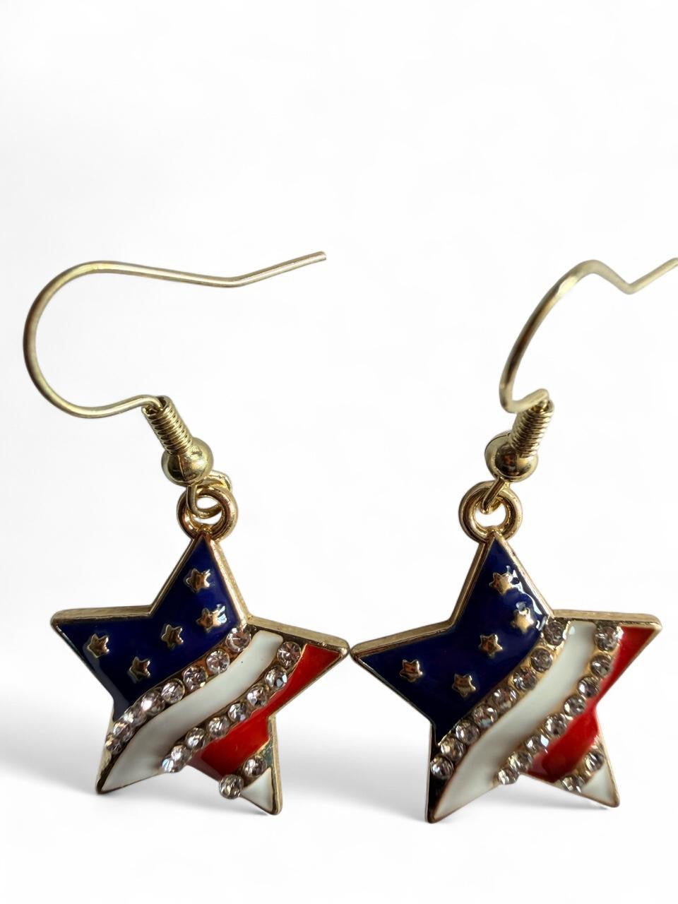Handmade Patriotic Rhinestone Flag Star Dangle Earrings | Dainty Americana Jewelry