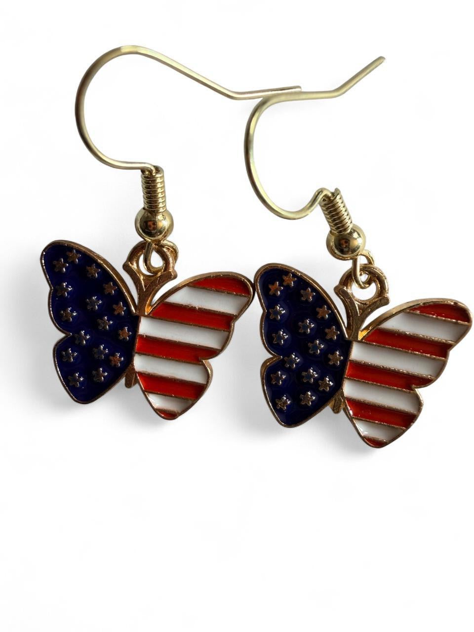 Handmade Patriotic American Flag Butterfly Dangle Earrings | Boho Americana Jewelry