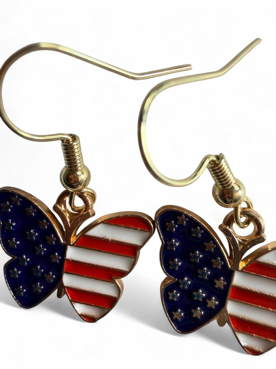Handmade Patriotic American Flag Butterfly Dangle Earrings | Boho Americana Jewelry
