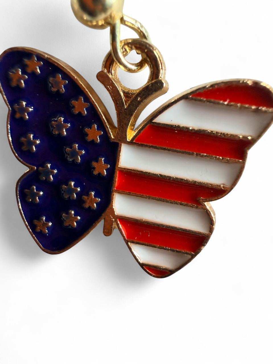 Handmade Patriotic American Flag Butterfly Dangle Earrings | Boho Americana Jewelry