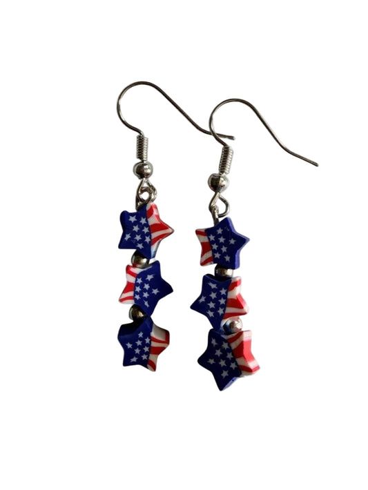 Handmade Patriotic Triple Stacked Star Bead Earrings | Red White & Blue Flag Drops